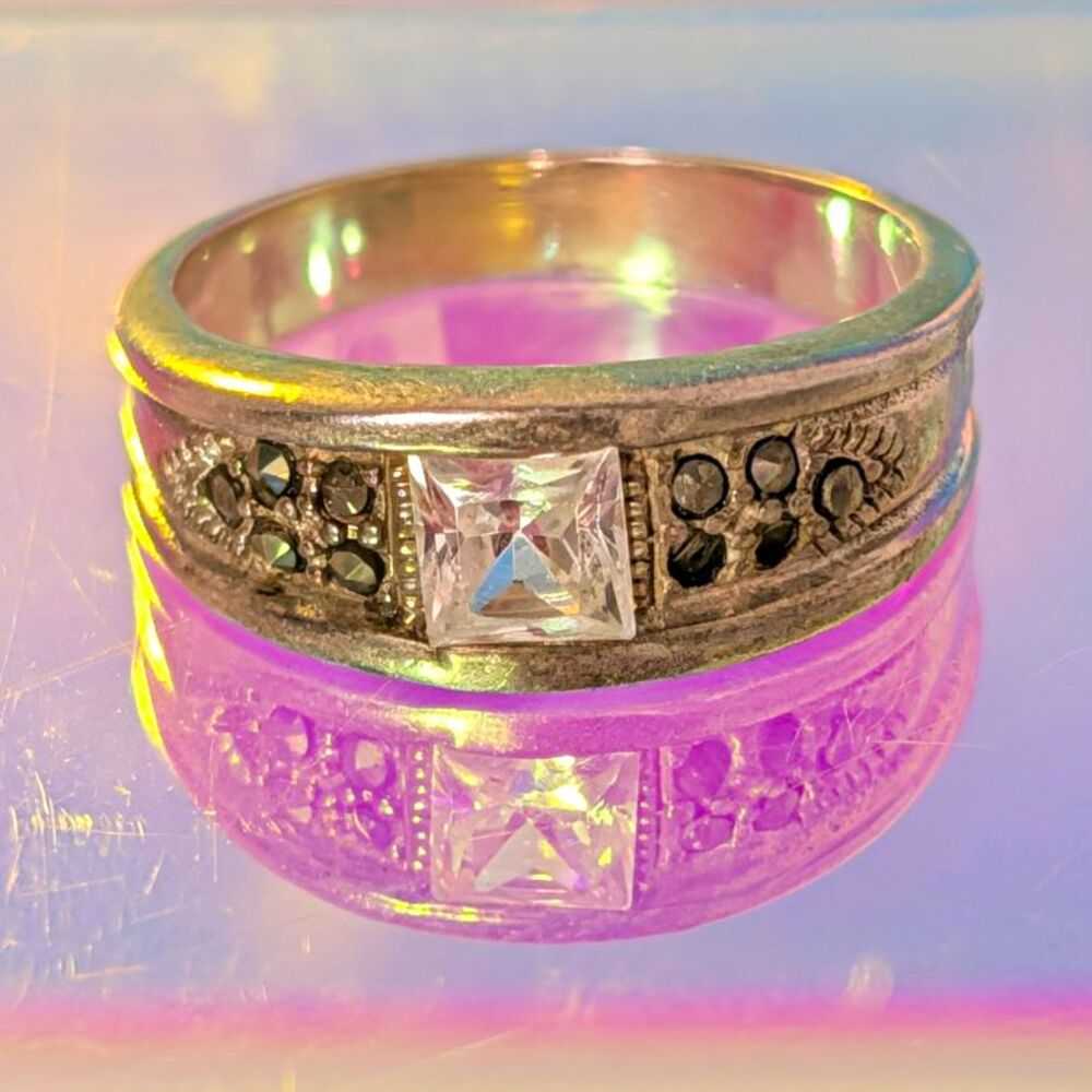 Vintage 925 Sterling Silver CZ Marcasite Wide Band Ring Size 6 9g Art Deco